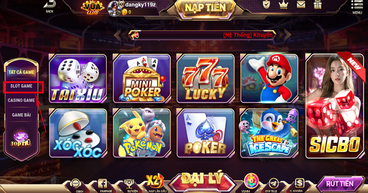 Chọn vào mục “SLOT GAME” tại sảnh game Vuaclub